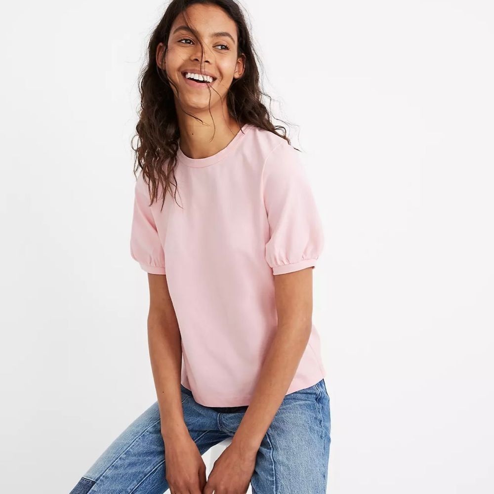 Madewell Women’s Medium Baby Pink Puff Sleeve Cotton Tee Shirt